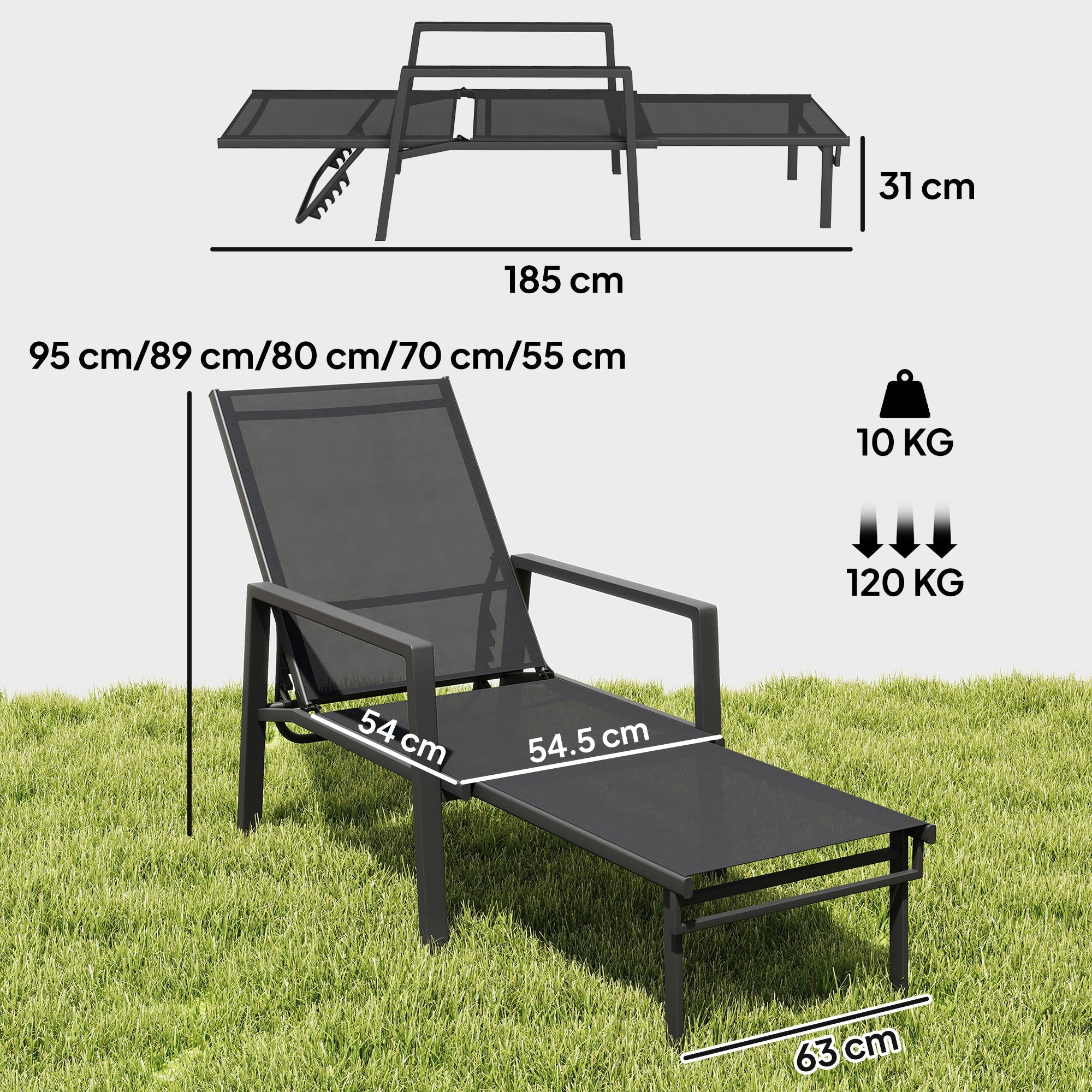 Sun Lounger Retractable Footrest 5-Position Adjustable Steel Frame