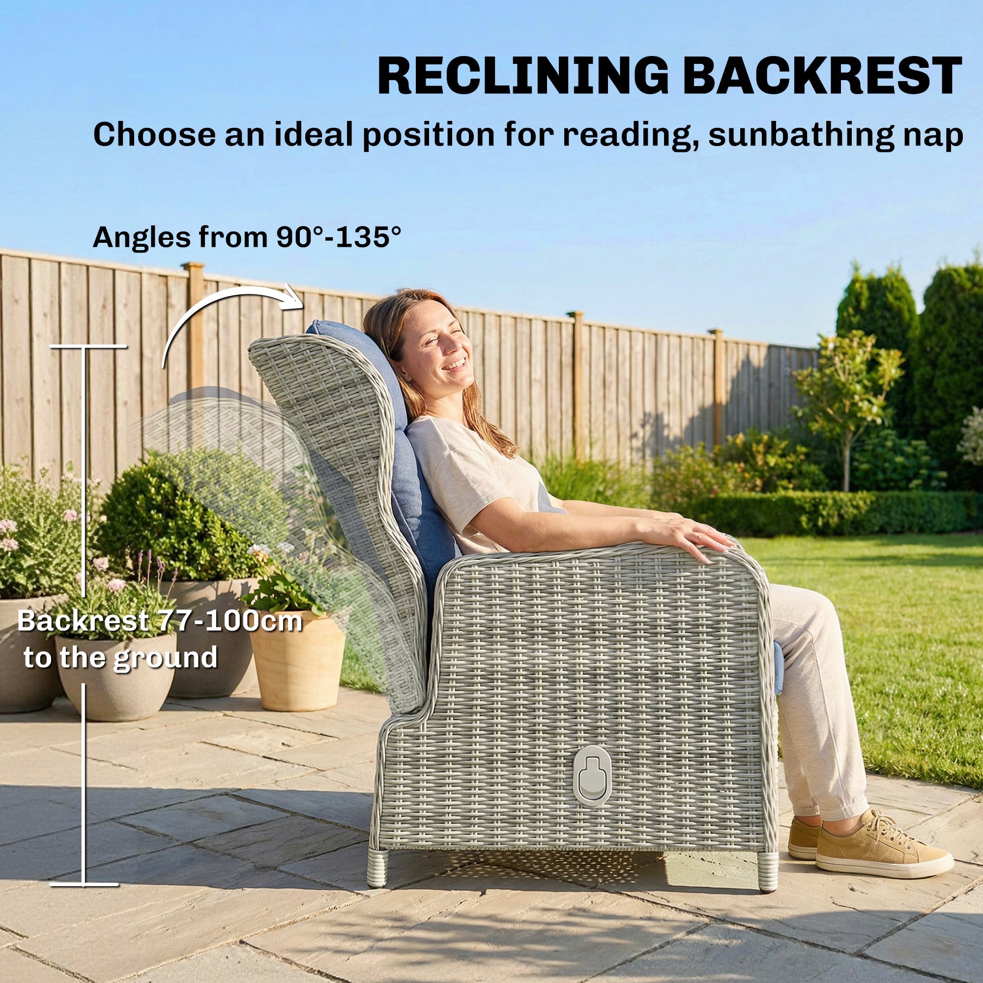 5 Piece Rattan Garden Furniture Set, Reclining Chair Set of 2 with Footstool