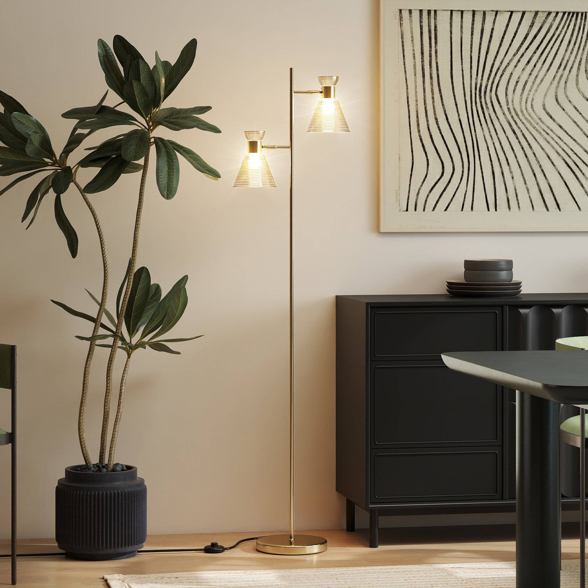 Floor Lamp with Adjustable Dual Head, Modern with Floral Glass Shades