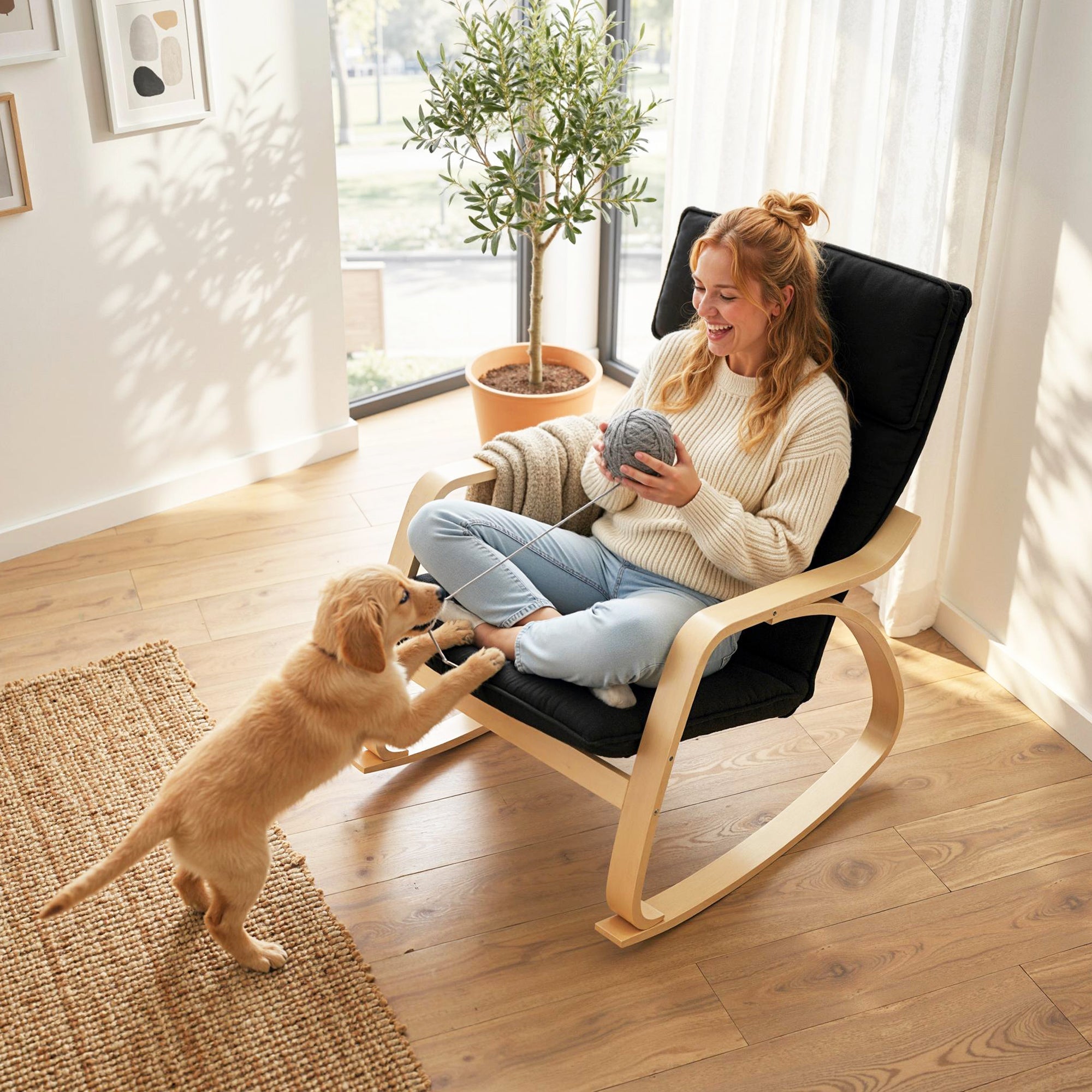 Comfortable Relax Rocking Chair with Headrest - Black