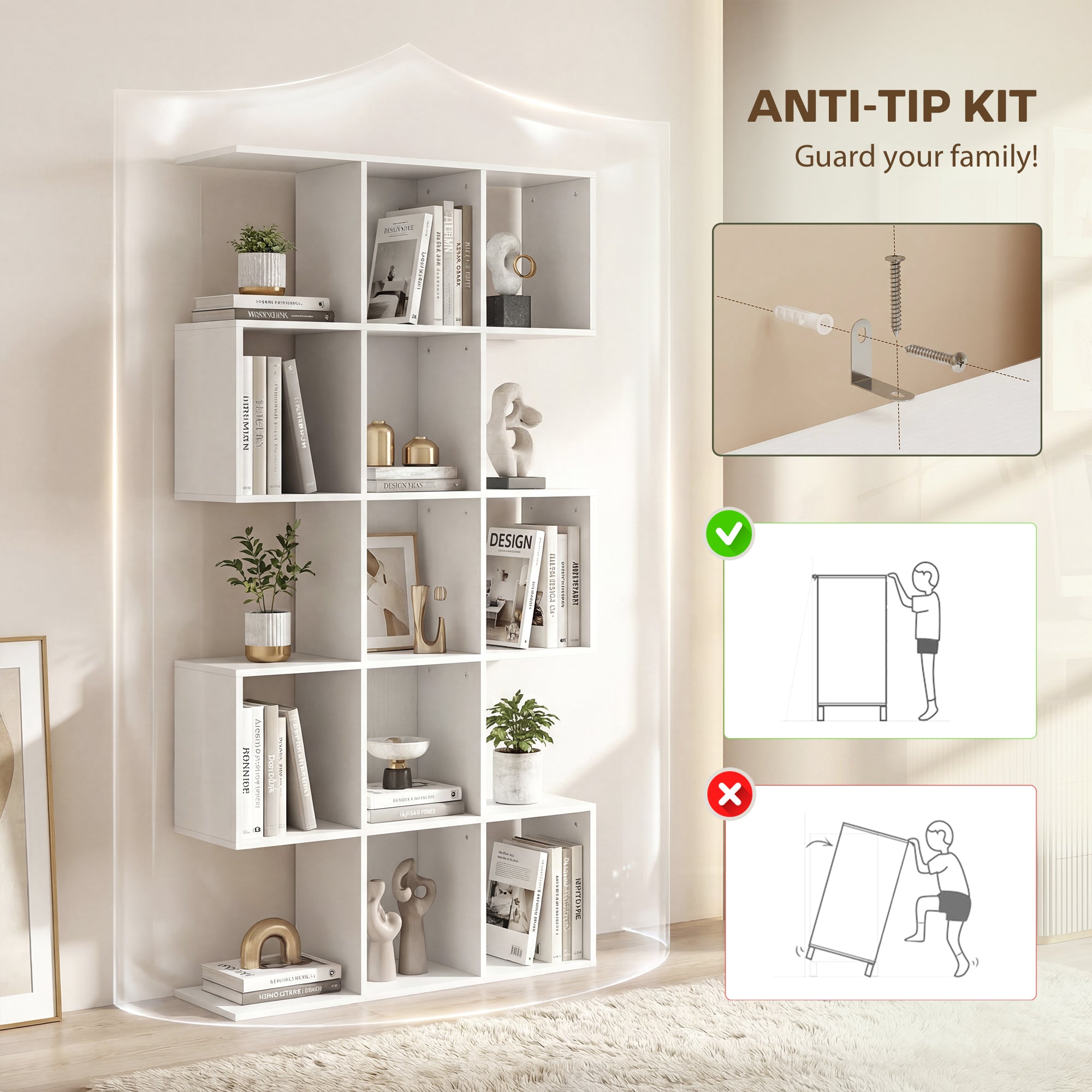 Bookshelf, S Shaped Geometric Bookcase with 15 Compartments, 5-Tier