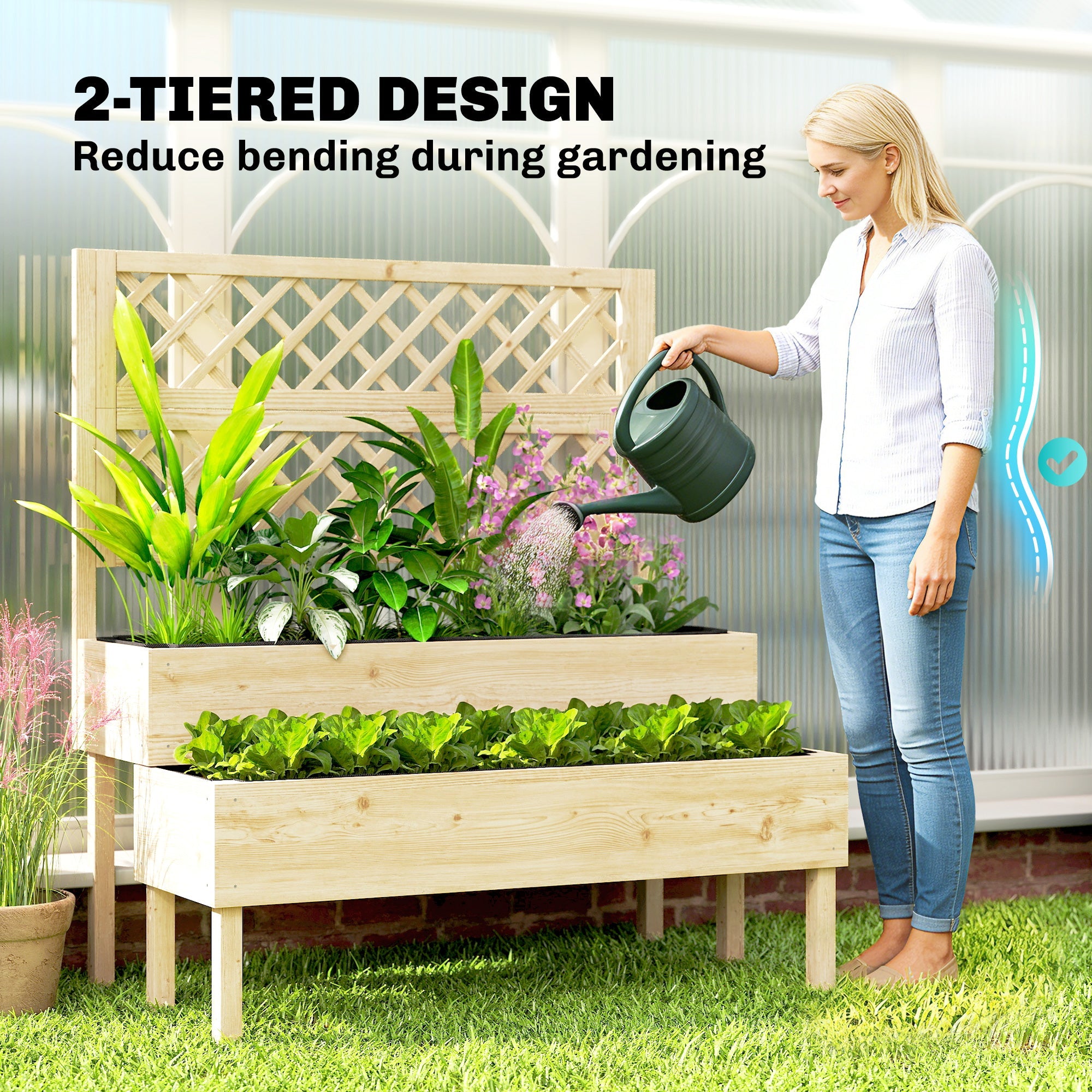 2-Tier Stepped Garden Bed with Trellis for Climbing Plants
