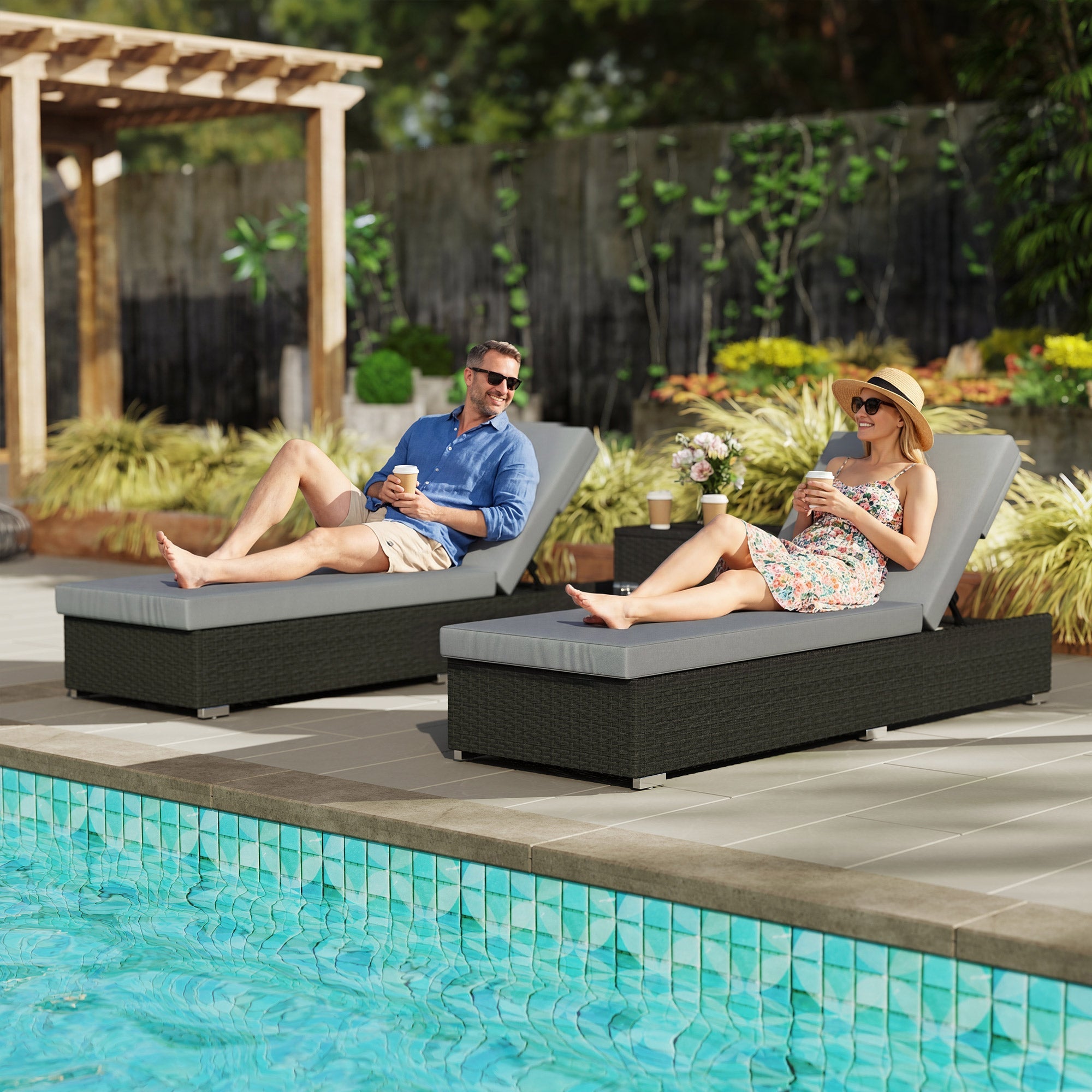 Rattan Adjustable Sun Loungers Set of 2 with Side Table, Recliner Sunbeds
