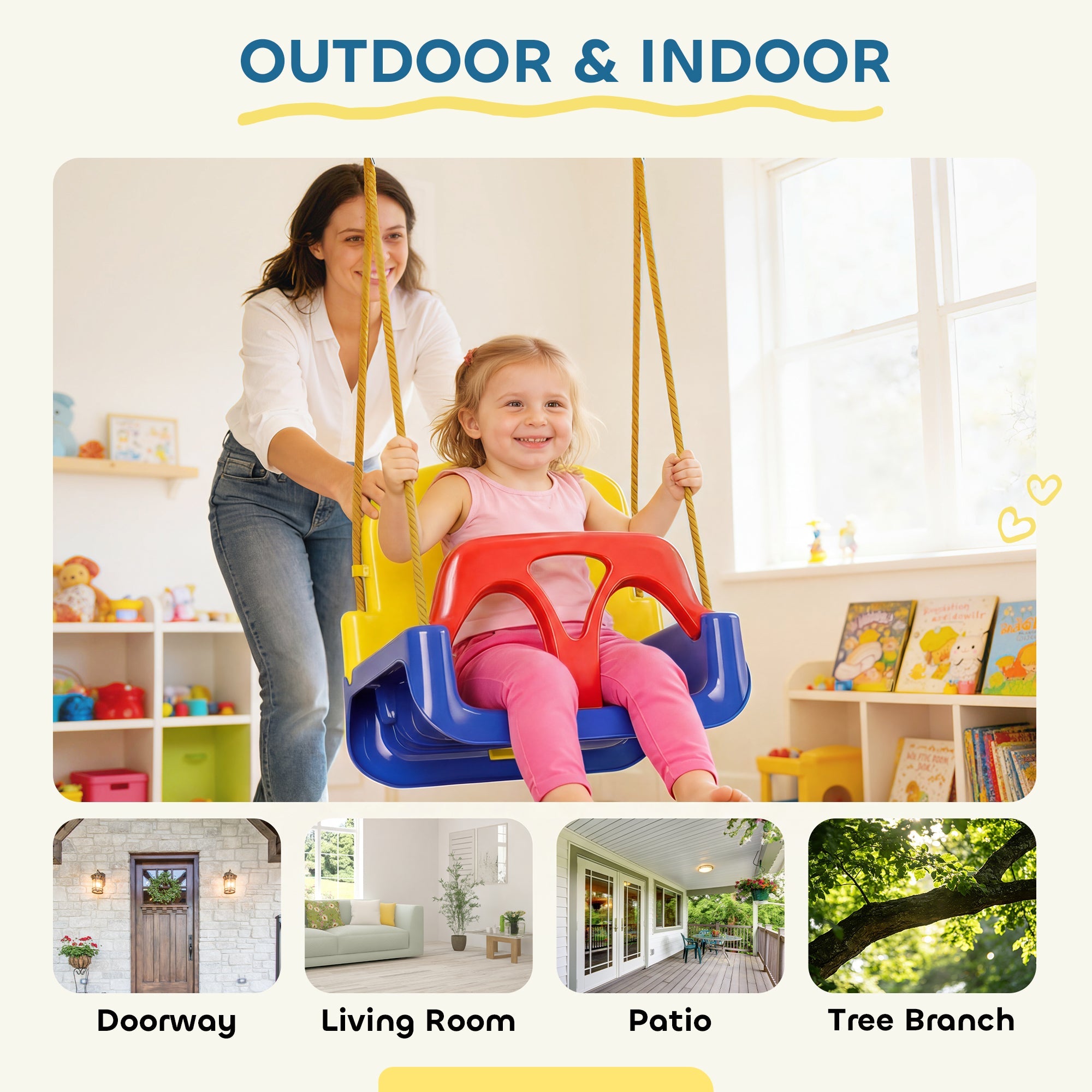 Kids Swing Seat with Seatbelt, Adjustable Rope, 3 in 1, Detachableb