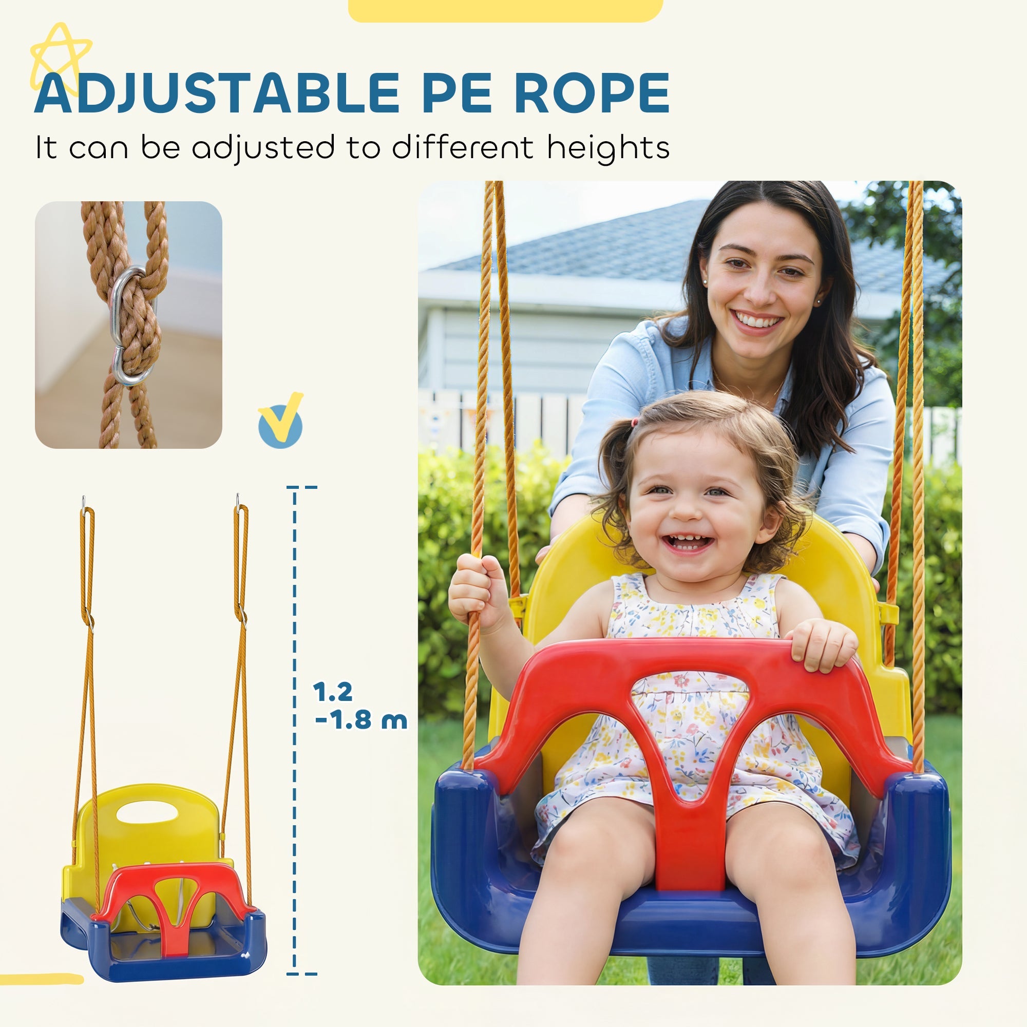 Kids Swing Seat with Seatbelt, Adjustable Rope, 3 in 1, Detachableb