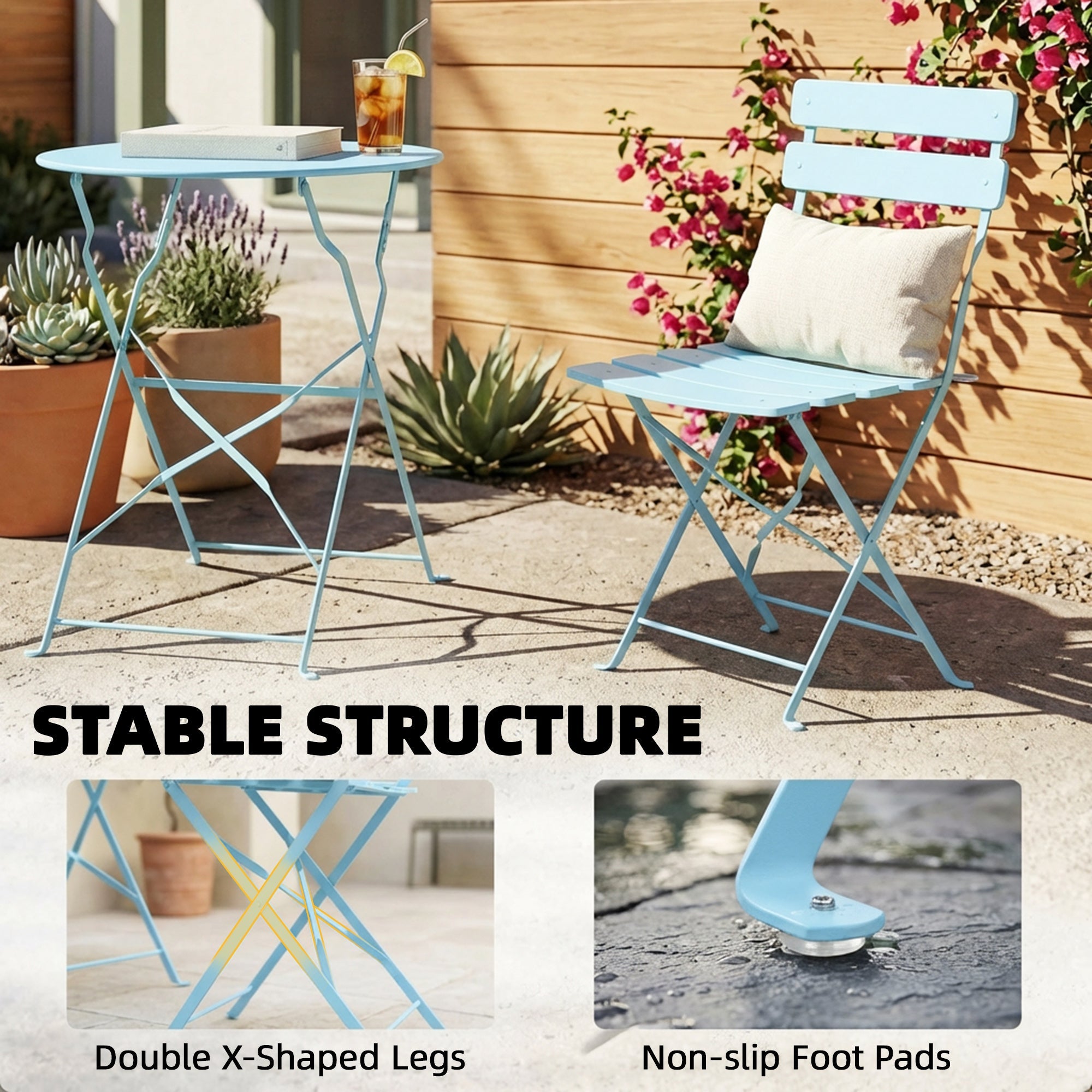 Folding Garden Bistro Set, Light Blue